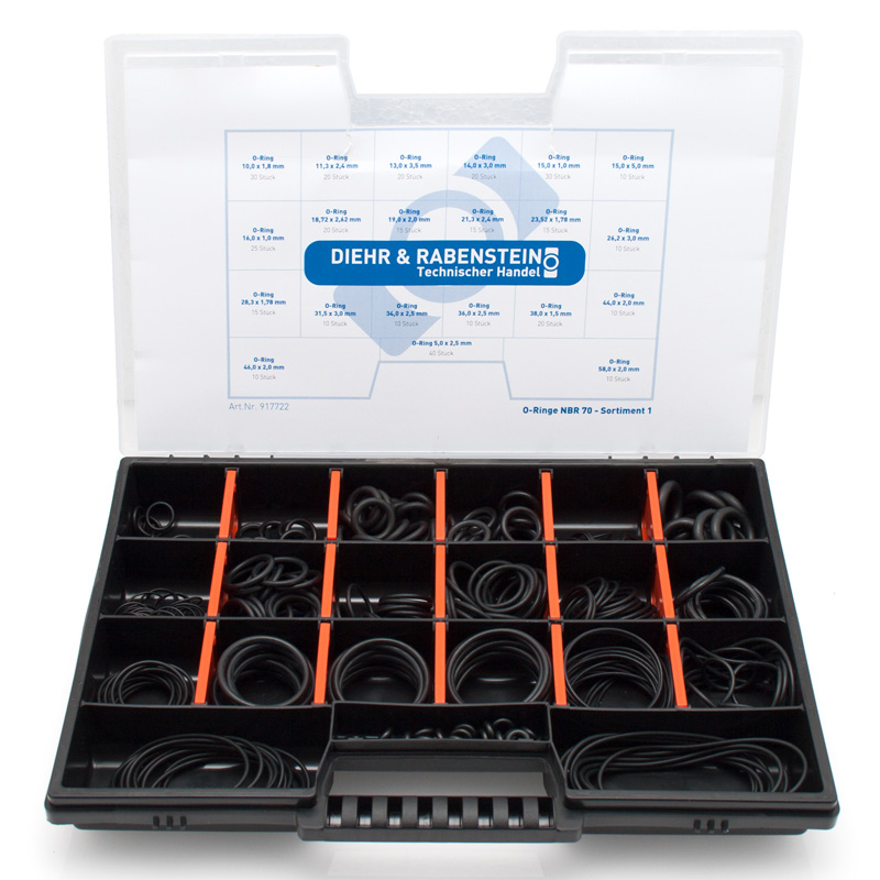 Sortiment 1 / O-Ringe nach DIN 3601, 355 Stück insgesamt, unterschiedliche Durchmesser und Schnurstärken, Material NBR, Shorehärte 70